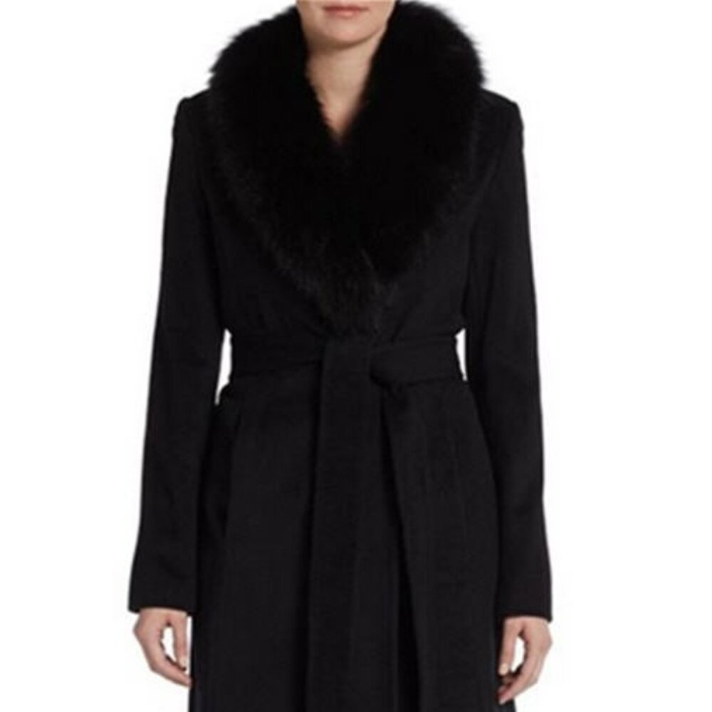 Ellen Tracy Black Wool Blend Fox Fur Collard Belted Coat
